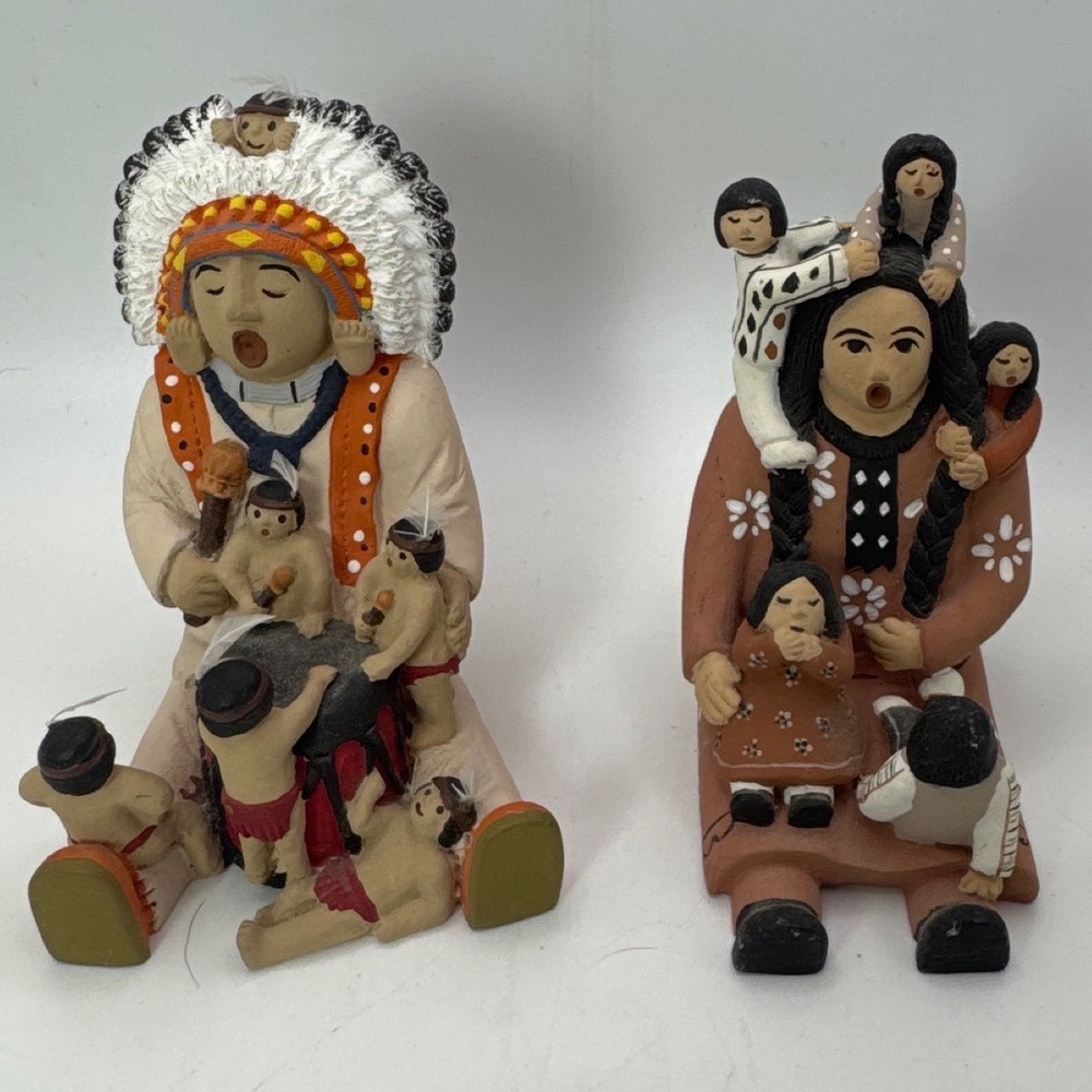 Native American Storyteller Pottery Figures Set of 2 Clay Drummer and Children
